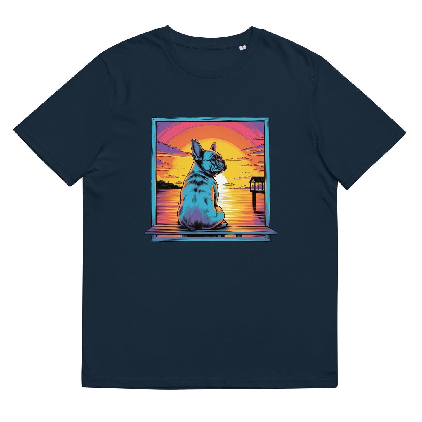 Frenchie Sitting on a dock of a bay - unisex organic cotton t-shirt - Frenchie Emporium