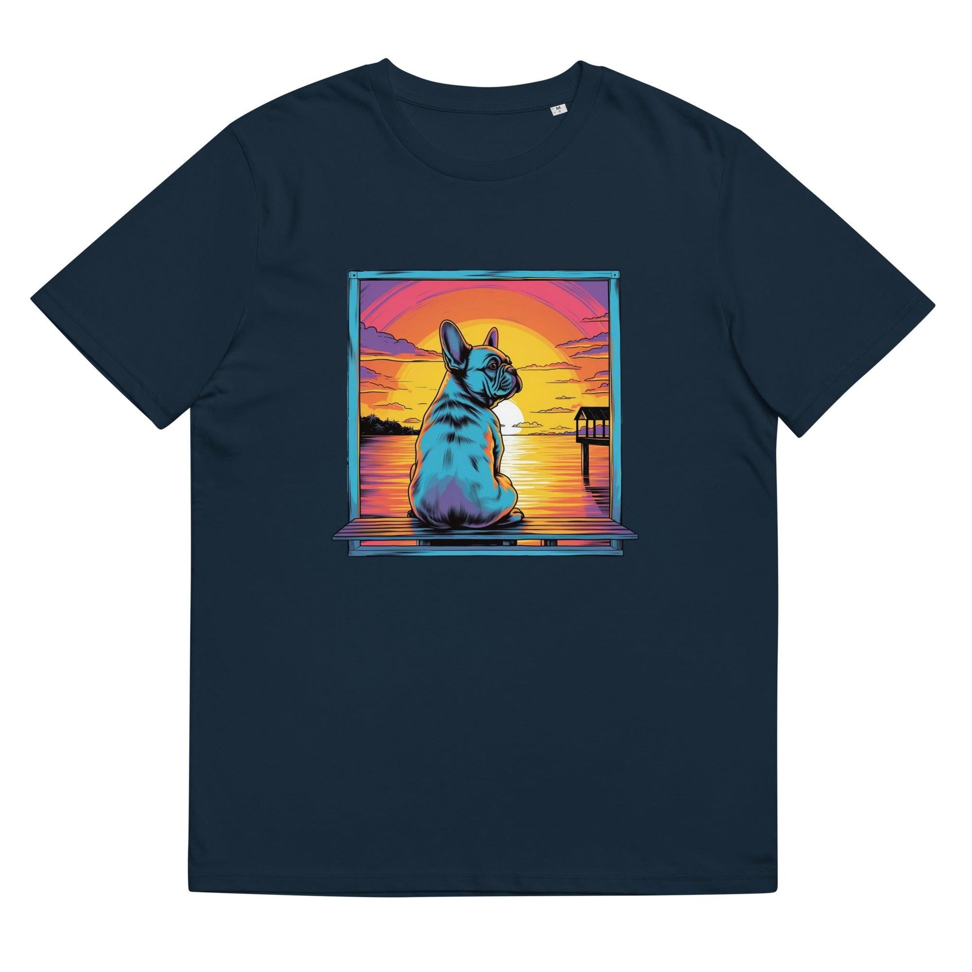 Frenchie Sitting on a dock of a bay - unisex organic cotton t-shirt - Frenchie Emporium