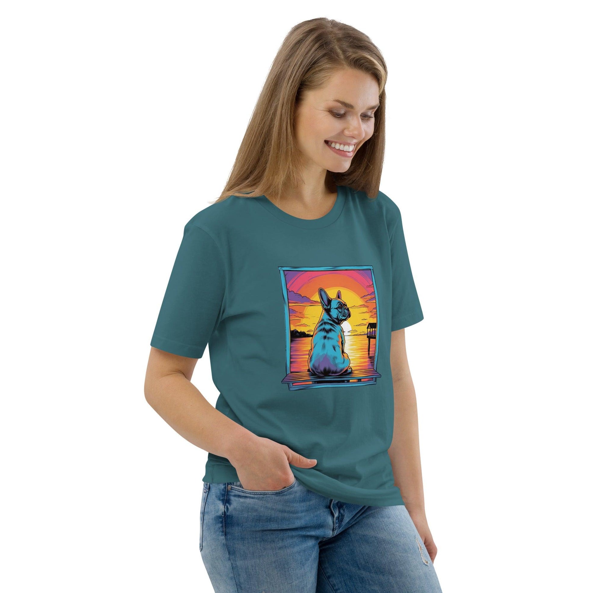 Frenchie Sitting on a dock of a bay - unisex organic cotton t-shirt - Frenchie Emporium