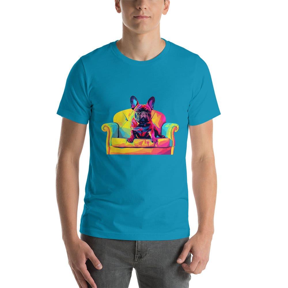 "Frenchie Listener: Colourful Mosaic French Bulldog on a Couch" - Unisex t-shirt - Frenchie Emporium