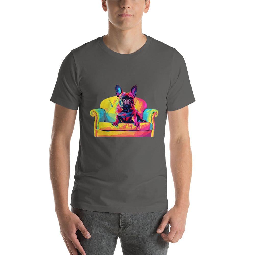 "Frenchie Listener: Colourful Mosaic French Bulldog on a Couch" - Unisex t-shirt - Frenchie Emporium
