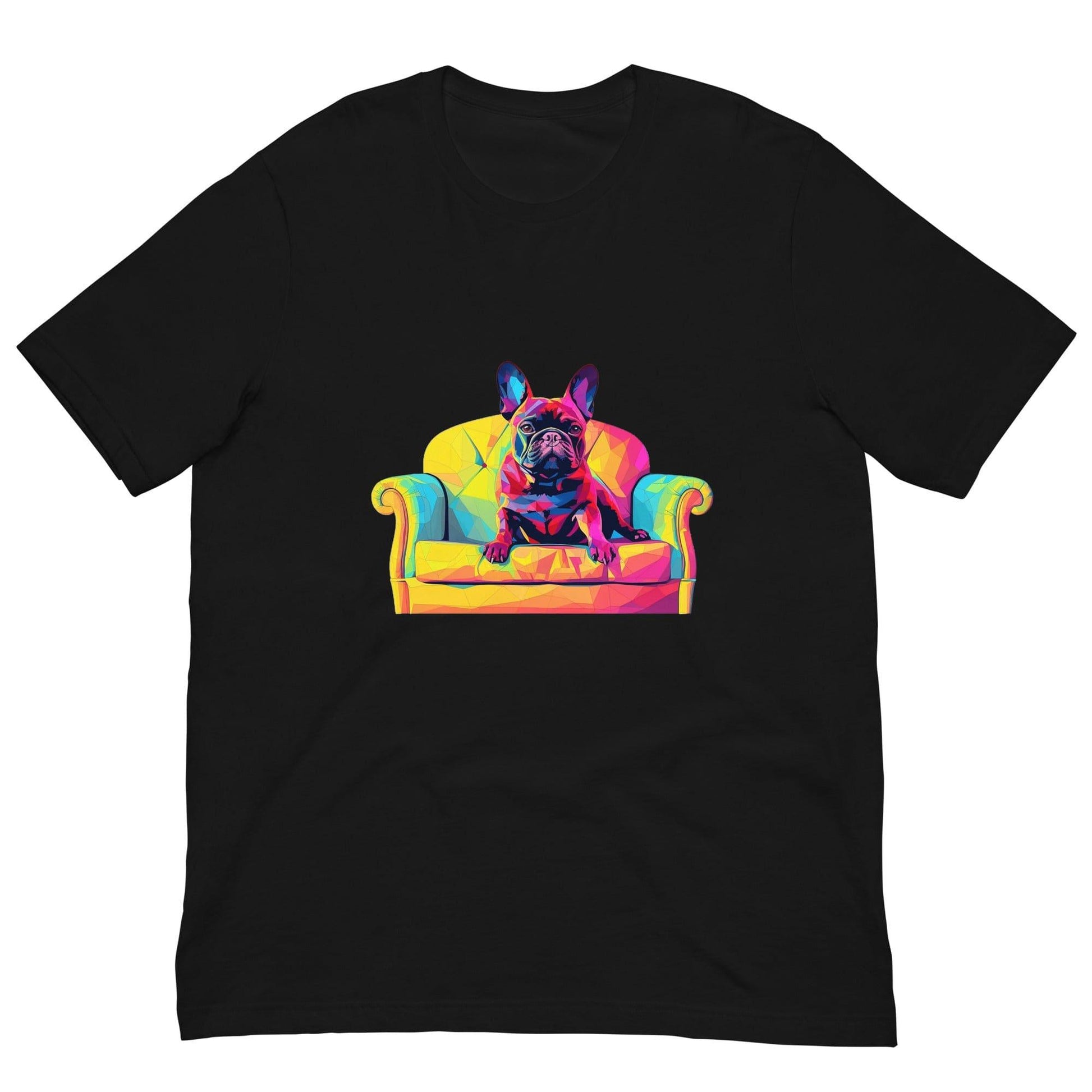 "Frenchie Listener: Colourful Mosaic French Bulldog on a Couch" - Unisex t-shirt - Frenchie Emporium