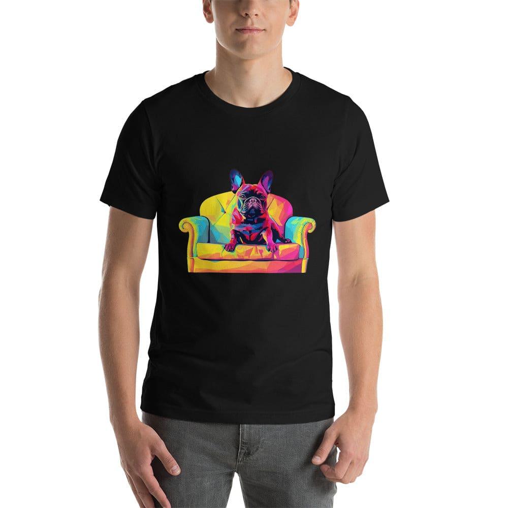 "Frenchie Listener: Colourful Mosaic French Bulldog on a Couch" - Unisex t-shirt - Frenchie Emporium