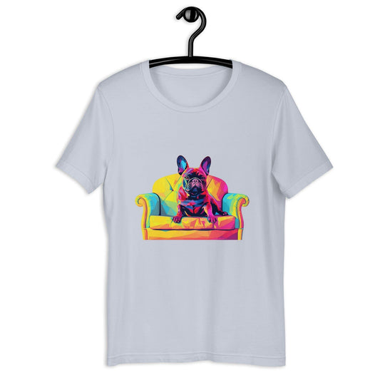 "Frenchie Listener: Colourful Mosaic French Bulldog on a Couch" - Unisex t-shirt - Frenchie Emporium