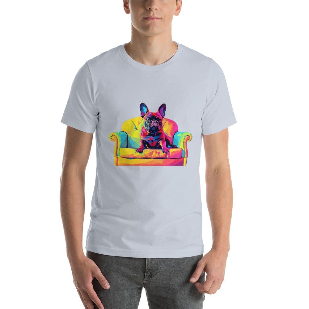 "Frenchie Listener: Colourful Mosaic French Bulldog on a Couch" - Unisex t-shirt - Frenchie Emporium