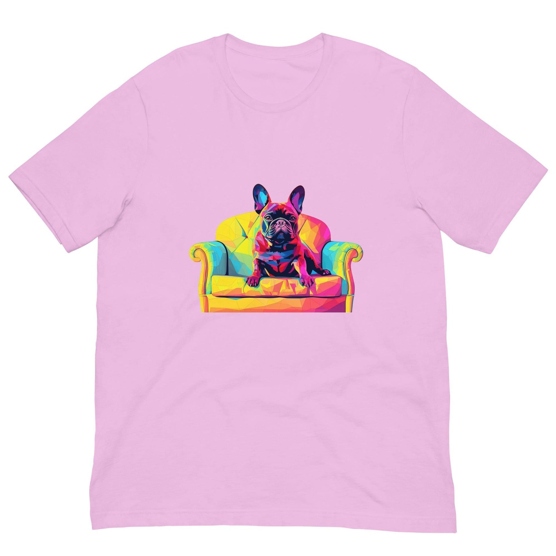 "Frenchie Listener: Colourful Mosaic French Bulldog on a Couch" - Unisex t-shirt - Frenchie Emporium