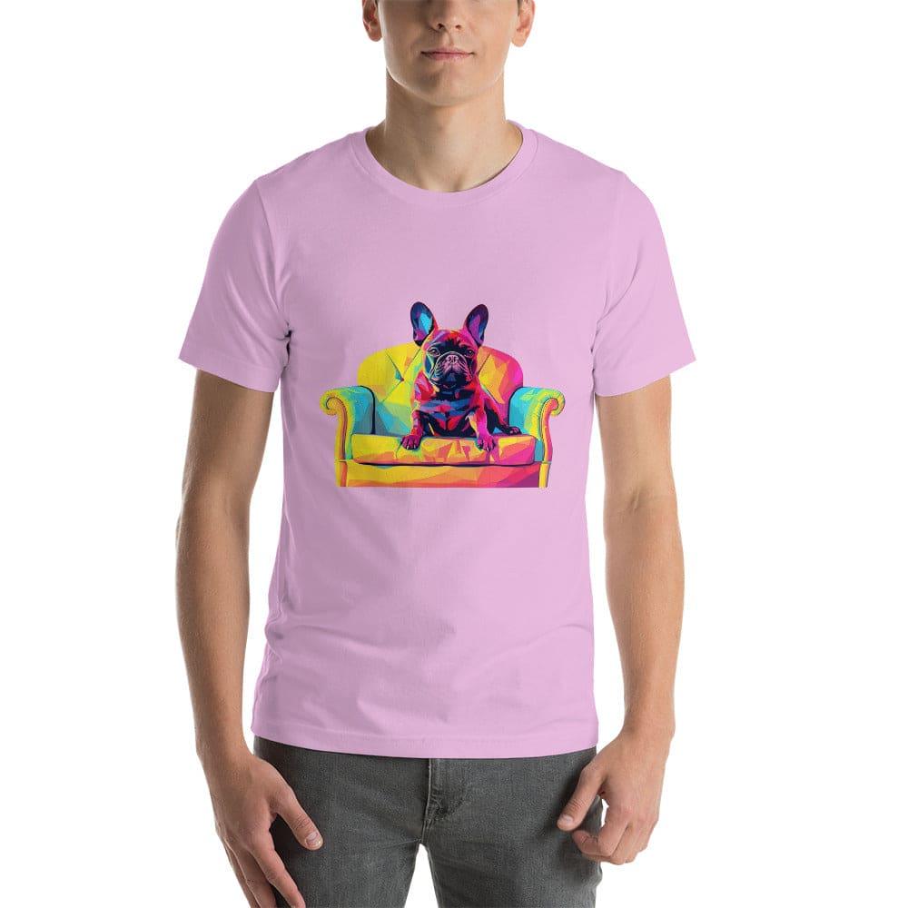 "Frenchie Listener: Colourful Mosaic French Bulldog on a Couch" - Unisex t-shirt - Frenchie Emporium