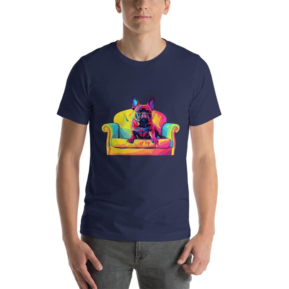 "Frenchie Listener: Colourful Mosaic French Bulldog on a Couch" - Unisex t-shirt - Frenchie Emporium