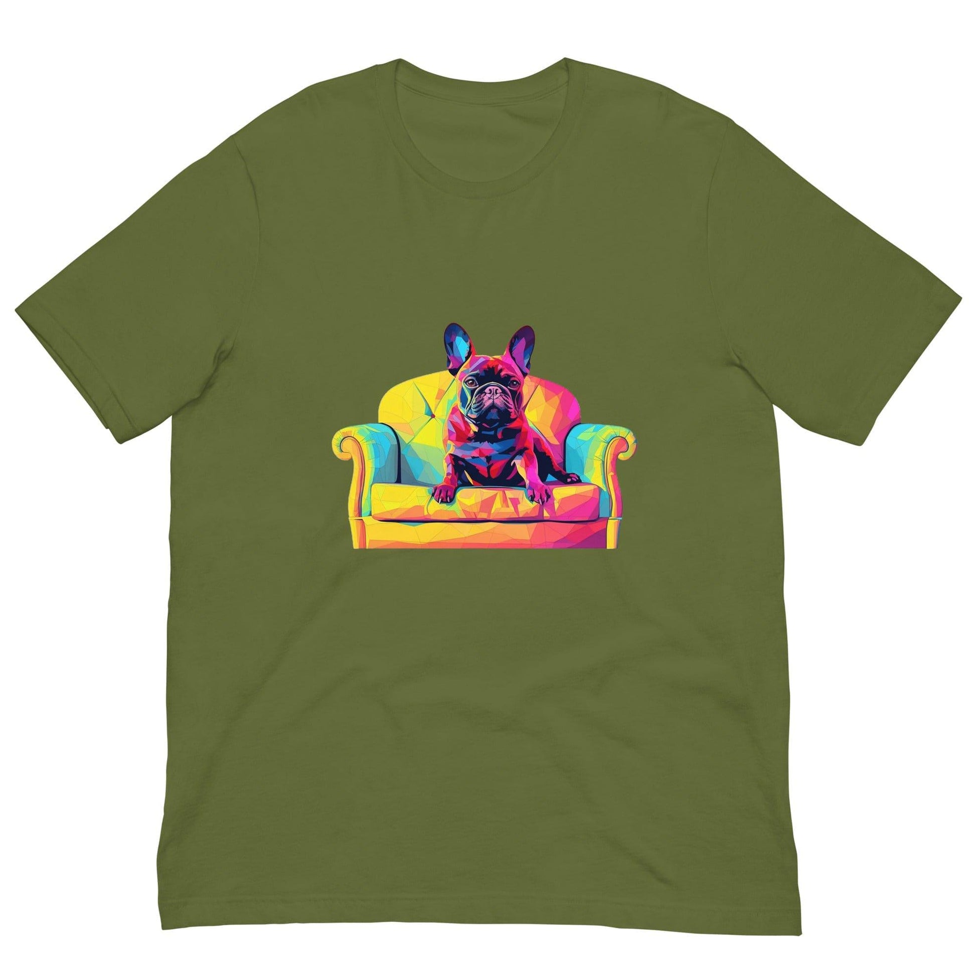 "Frenchie Listener: Colourful Mosaic French Bulldog on a Couch" - Unisex t-shirt - Frenchie Emporium