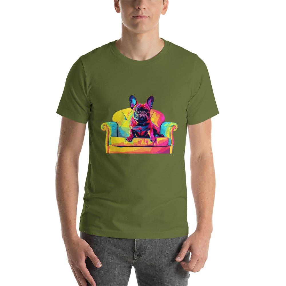 "Frenchie Listener: Colourful Mosaic French Bulldog on a Couch" - Unisex t-shirt - Frenchie Emporium