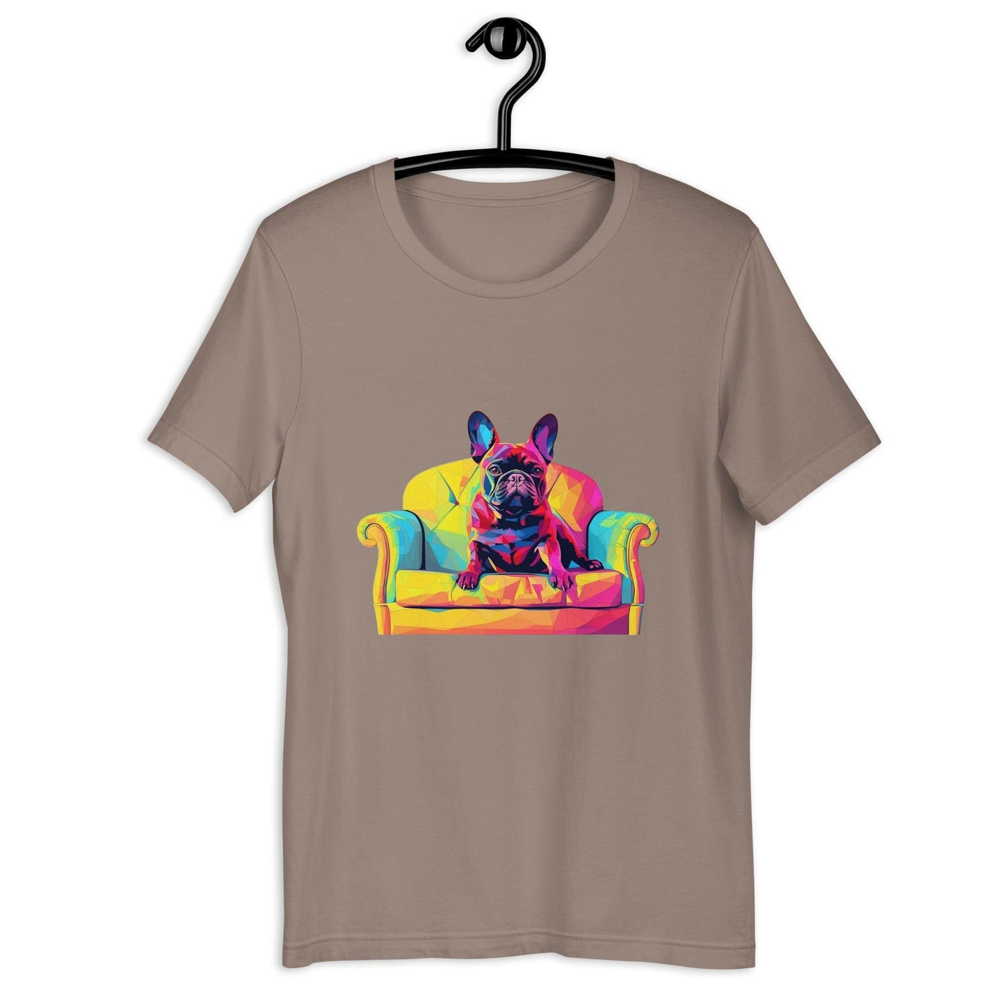 "Frenchie Listener: Colourful Mosaic French Bulldog on a Couch" - Unisex t-shirt - Frenchie Emporium
