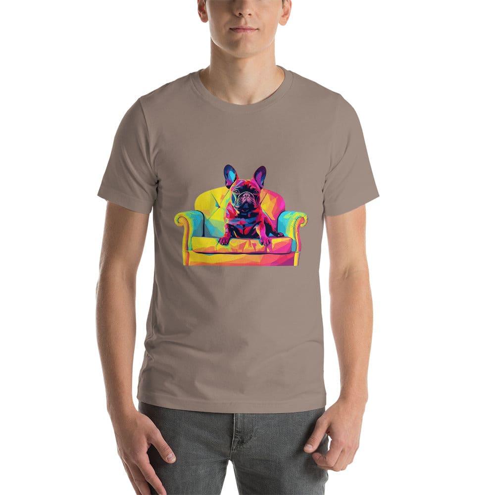 "Frenchie Listener: Colourful Mosaic French Bulldog on a Couch" - Unisex t-shirt - Frenchie Emporium