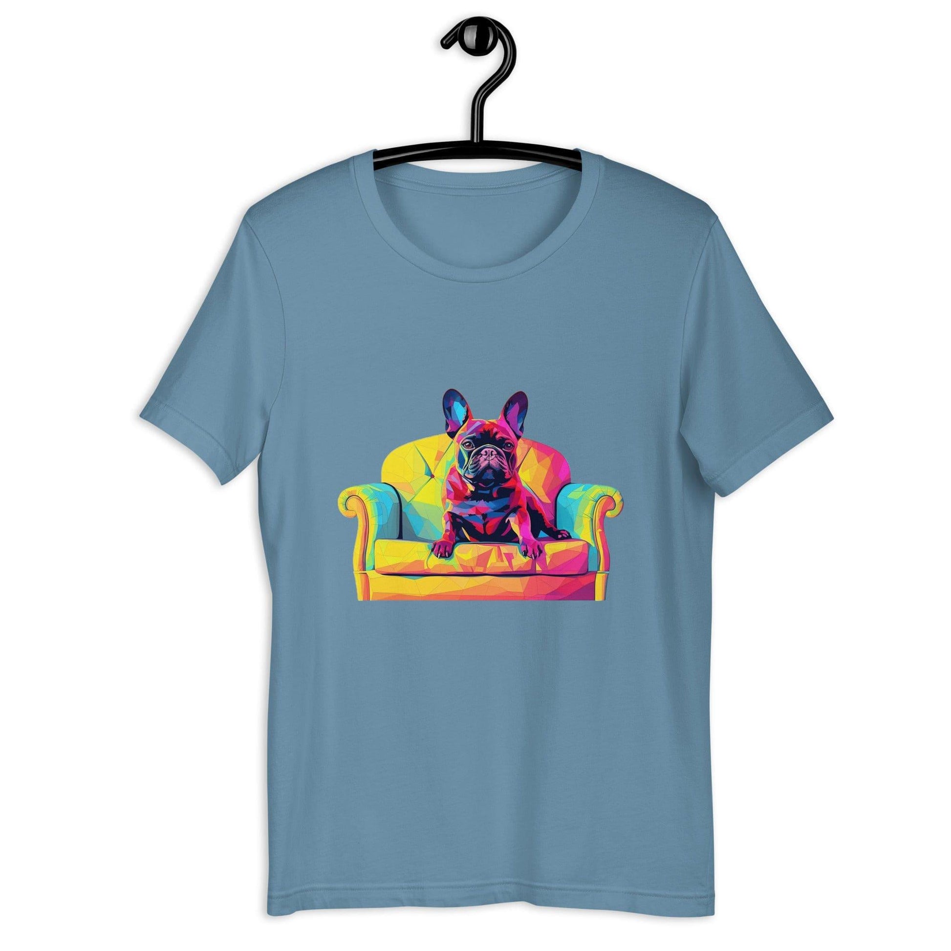 "Frenchie Listener: Colourful Mosaic French Bulldog on a Couch" - Unisex t-shirt - Frenchie Emporium