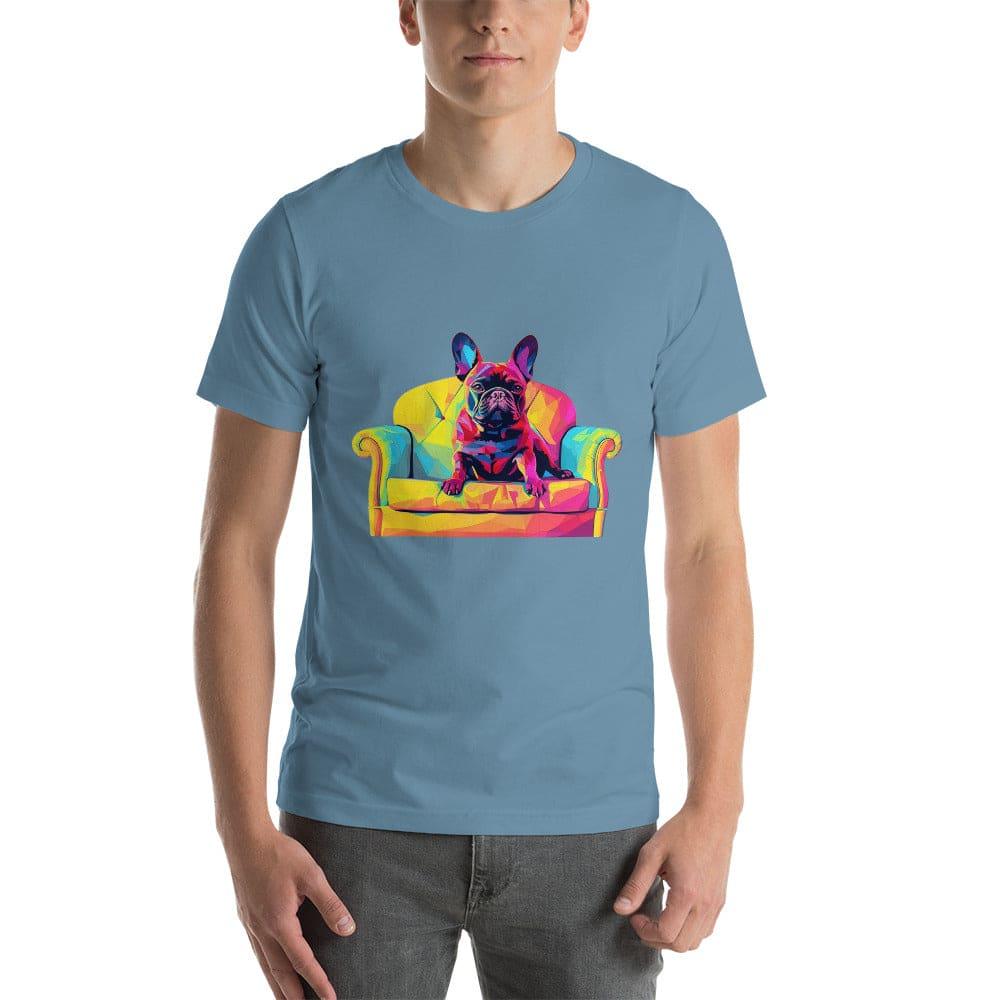 "Frenchie Listener: Colourful Mosaic French Bulldog on a Couch" - Unisex t-shirt - Frenchie Emporium