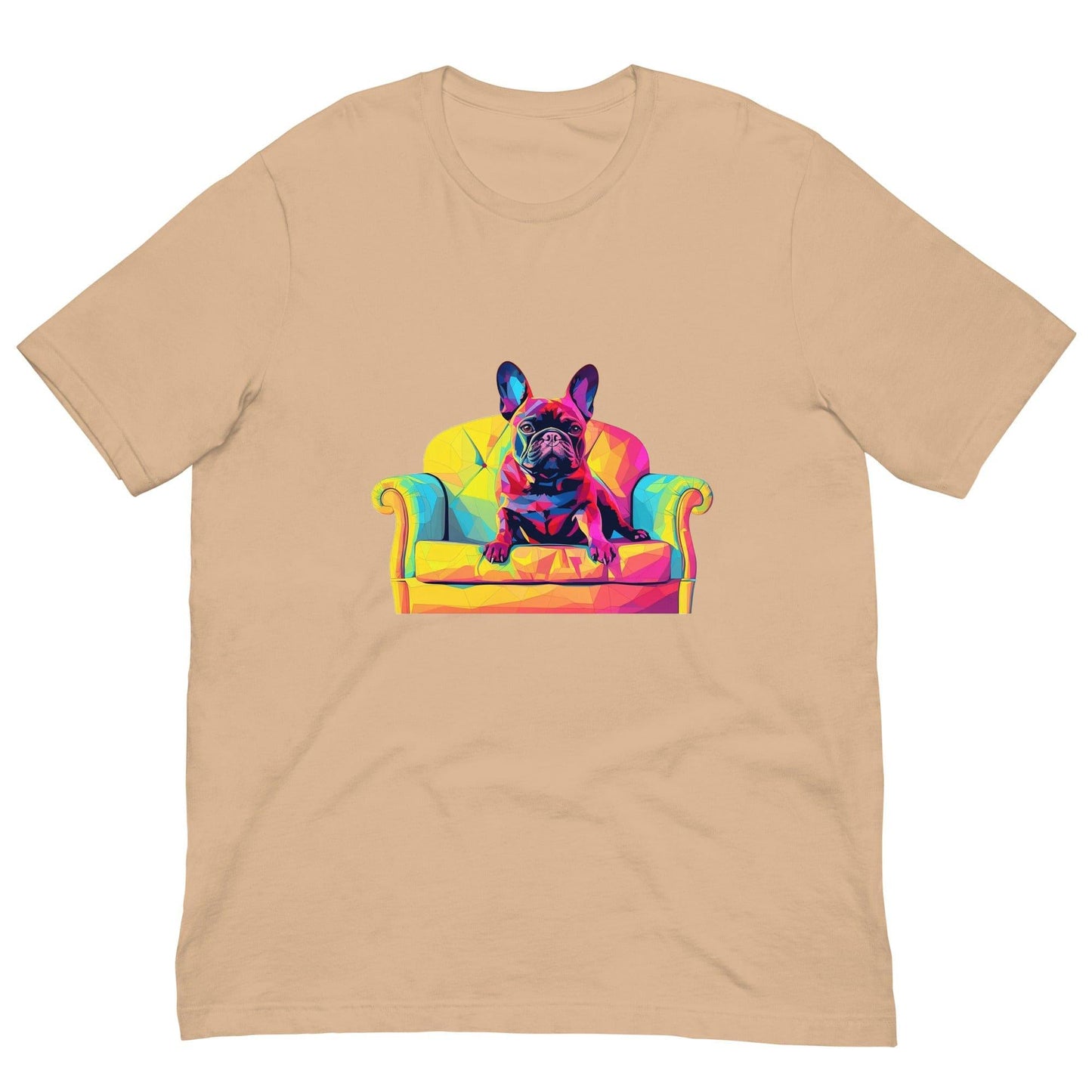 "Frenchie Listener: Colourful Mosaic French Bulldog on a Couch" - Unisex t-shirt - Frenchie Emporium