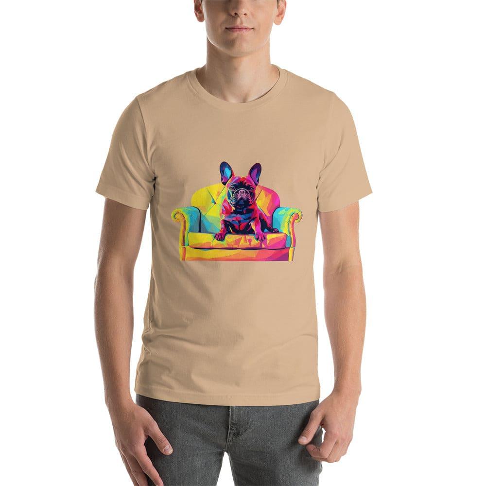 "Frenchie Listener: Colourful Mosaic French Bulldog on a Couch" - Unisex t-shirt - Frenchie Emporium