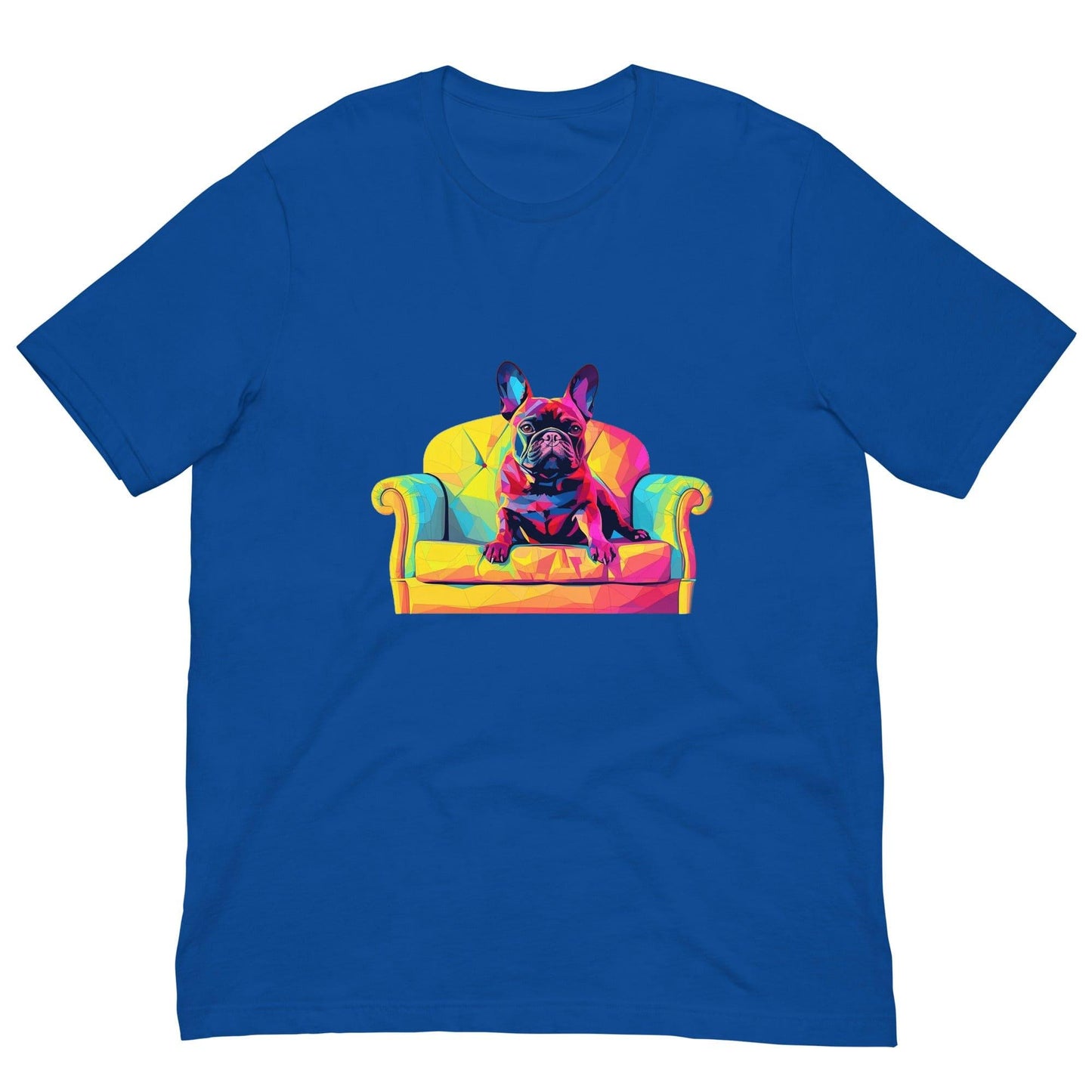 "Frenchie Listener: Colourful Mosaic French Bulldog on a Couch" - Unisex t-shirt - Frenchie Emporium