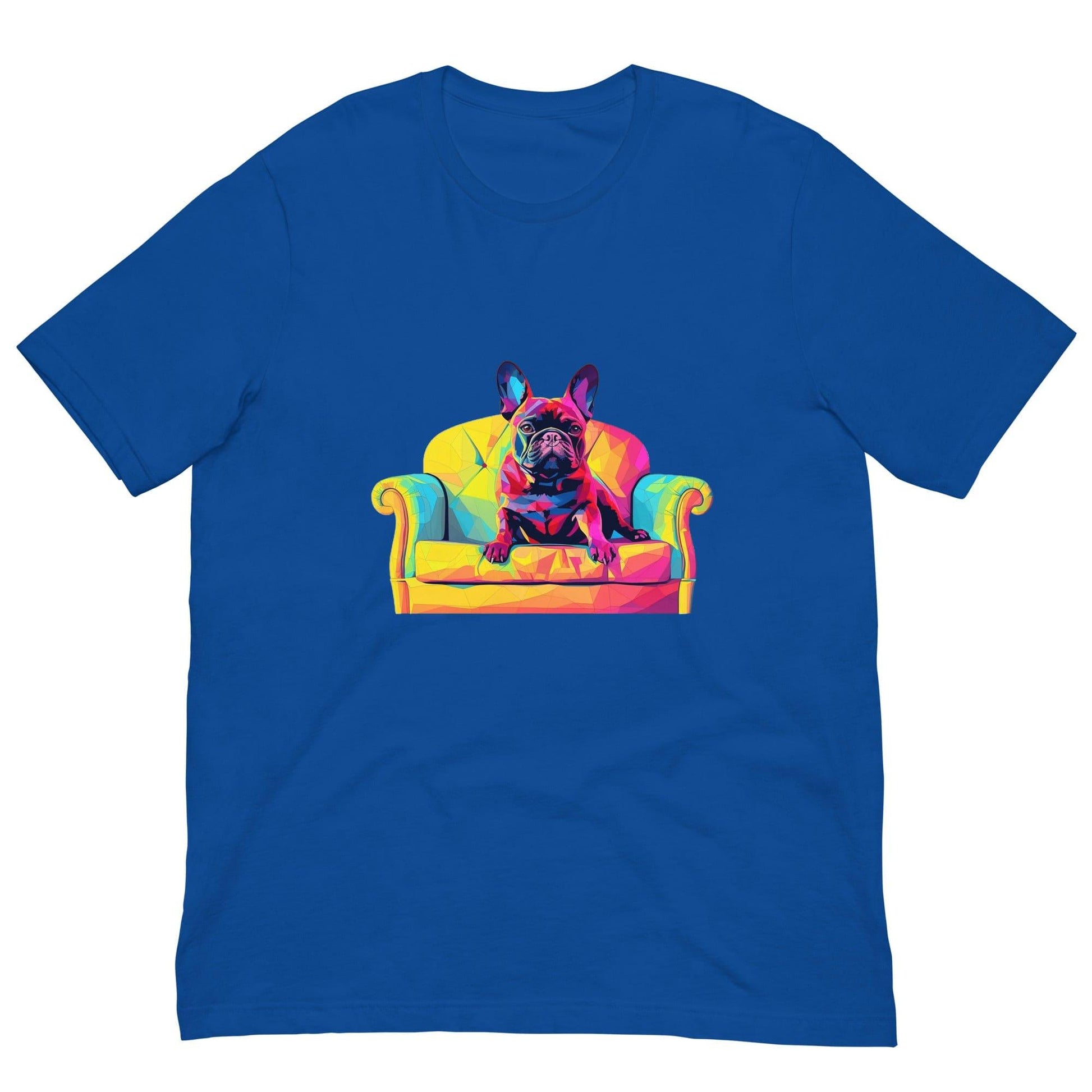 "Frenchie Listener: Colourful Mosaic French Bulldog on a Couch" - Unisex t-shirt - Frenchie Emporium