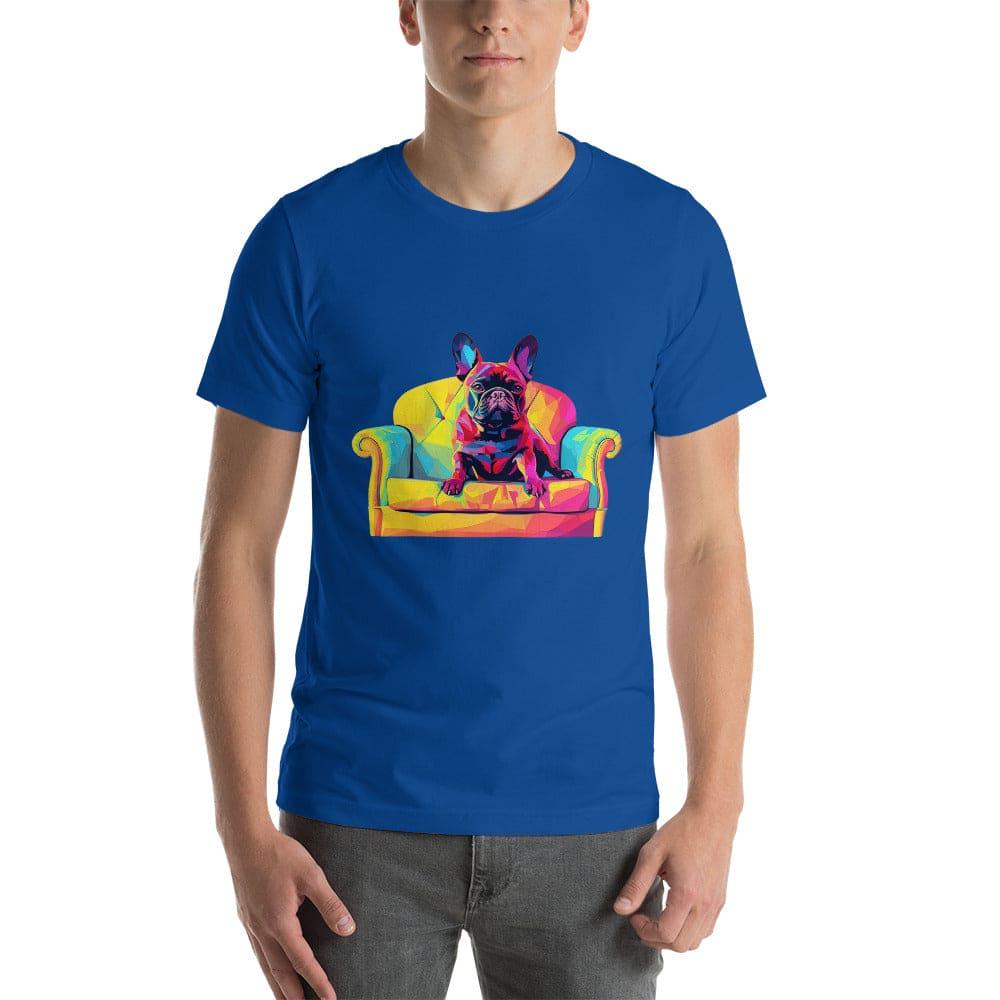"Frenchie Listener: Colourful Mosaic French Bulldog on a Couch" - Unisex t-shirt - Frenchie Emporium