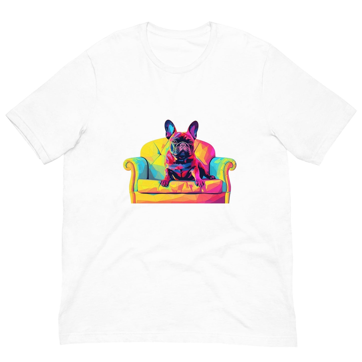 "Frenchie Listener: Colourful Mosaic French Bulldog on a Couch" - Unisex t-shirt - Frenchie Emporium