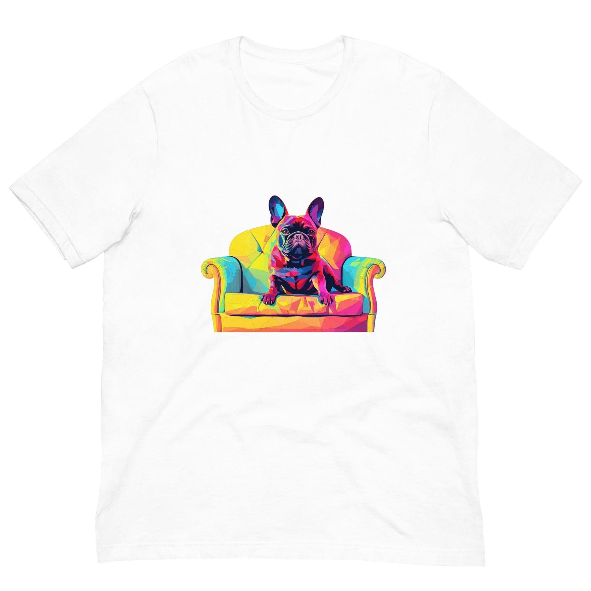 "Frenchie Listener: Colourful Mosaic French Bulldog on a Couch" - Unisex t-shirt - Frenchie Emporium