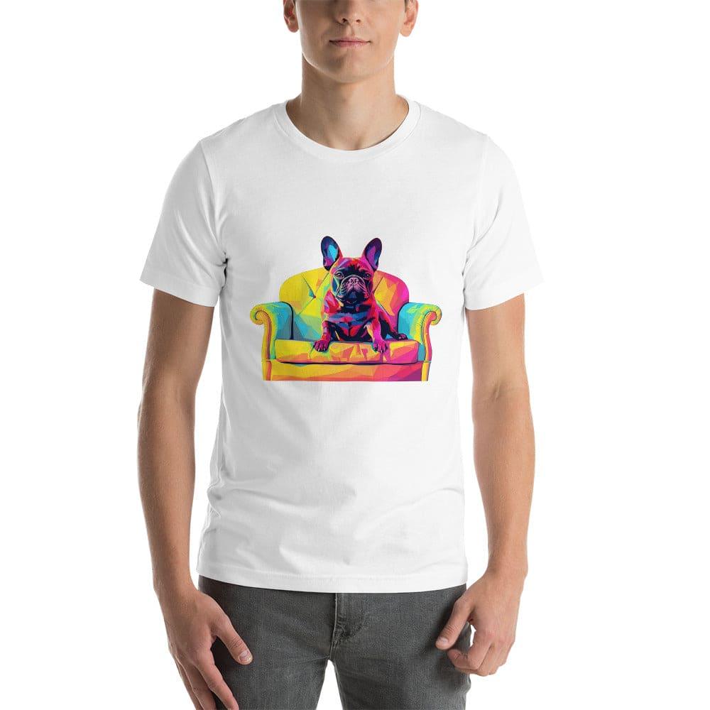 "Frenchie Listener: Colourful Mosaic French Bulldog on a Couch" - Unisex t-shirt - Frenchie Emporium