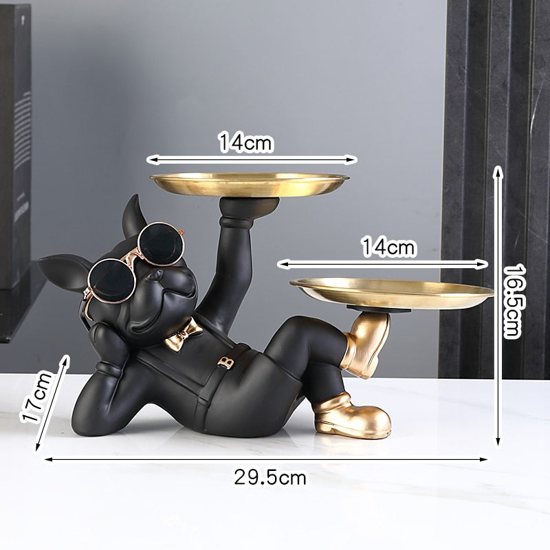 French Bulldog Butler with Double Gold Metal Tray Gift