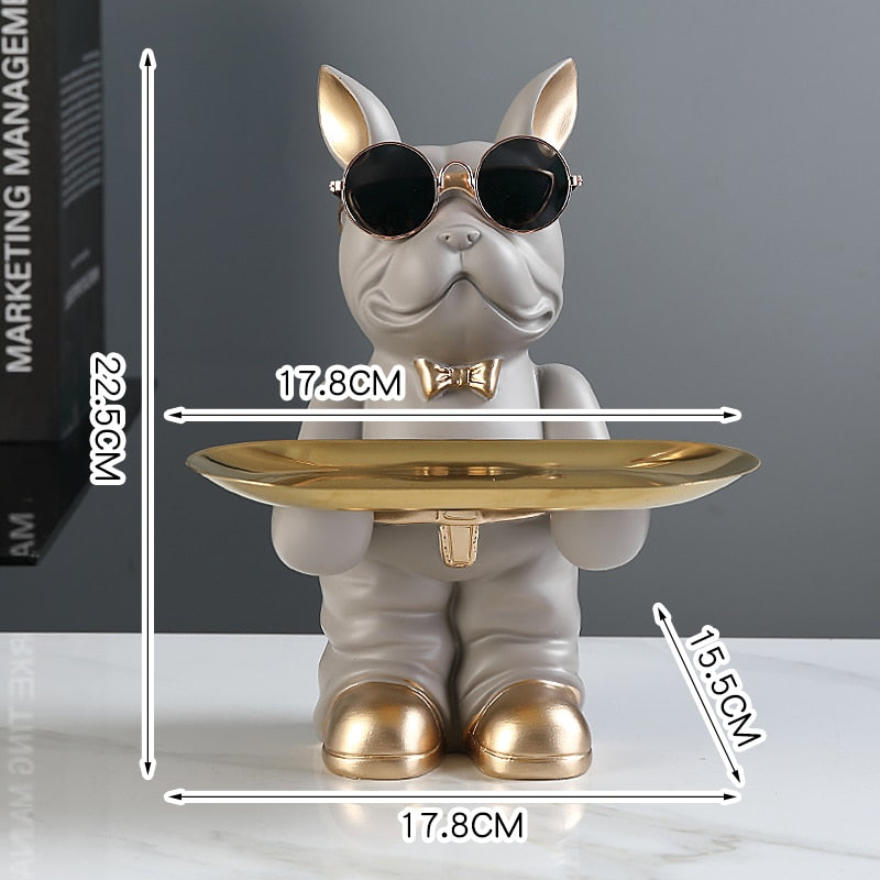 French Bulldog Butler with Double Gold Metal Tray Gift