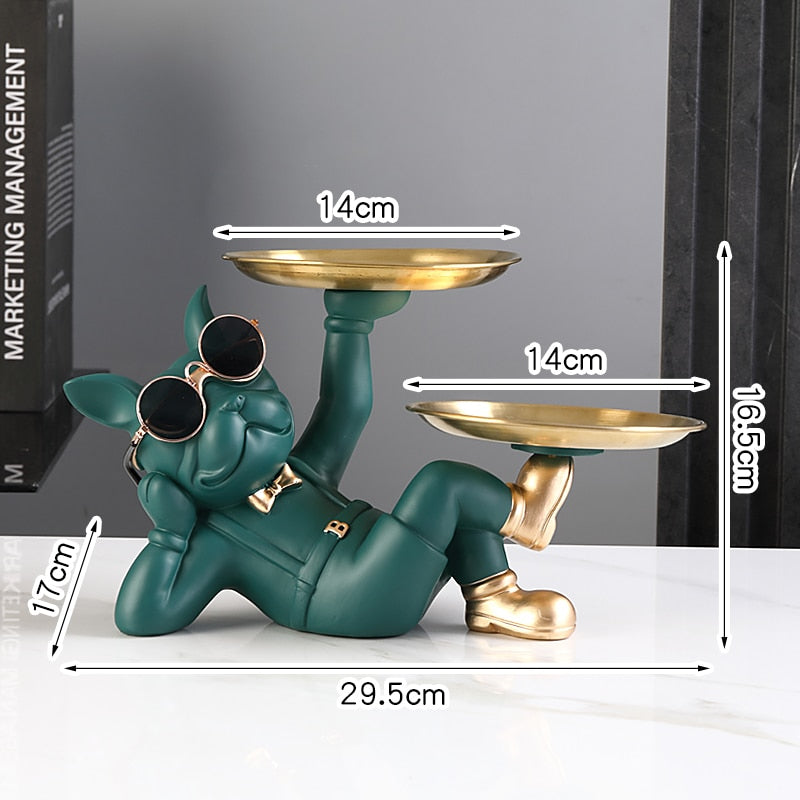 French Bulldog Butler with Double Gold Metal Tray Gift