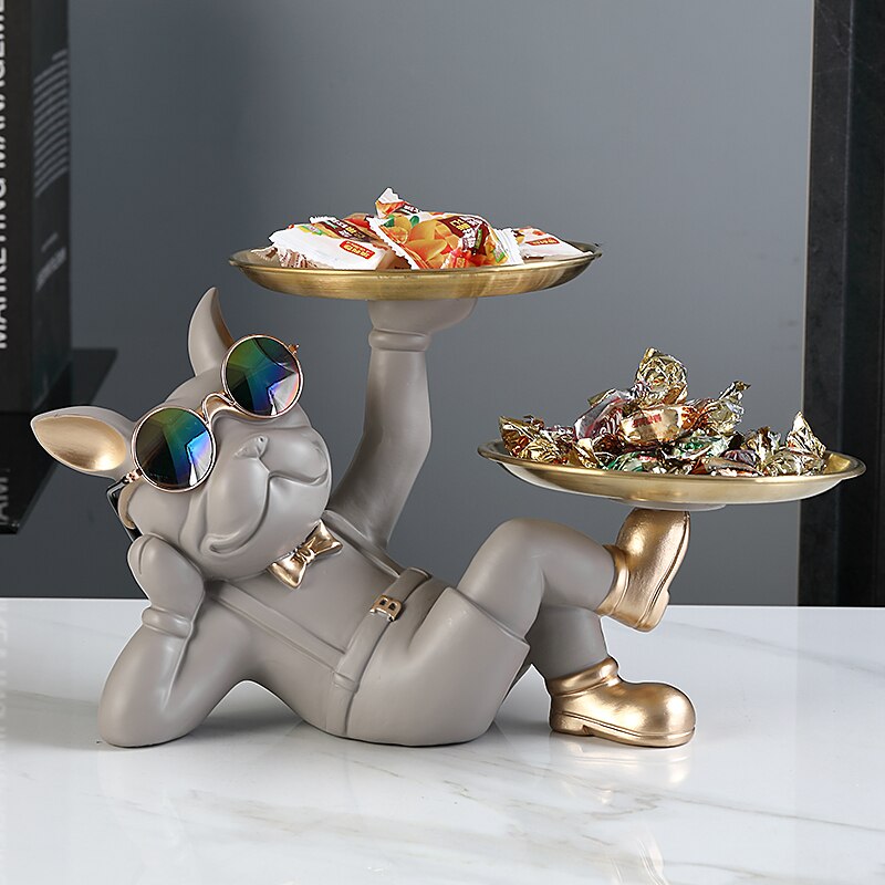 French Bulldog Butler with Double Gold Metal Tray Gift