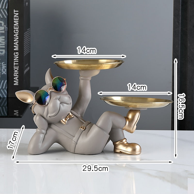 French Bulldog Butler with Double Gold Metal Tray Gift