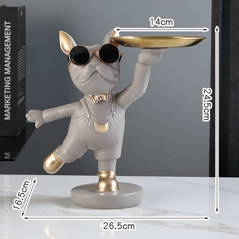 French Bulldog Butler with Double Gold Metal Tray Gift