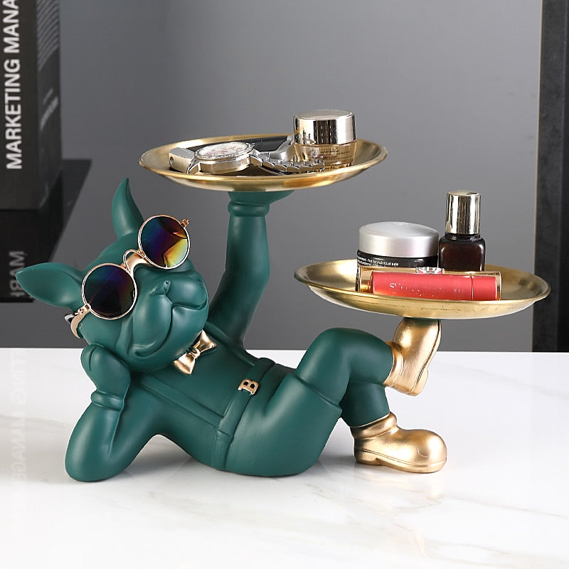 French Bulldog Butler with Double Gold Metal Tray Gift