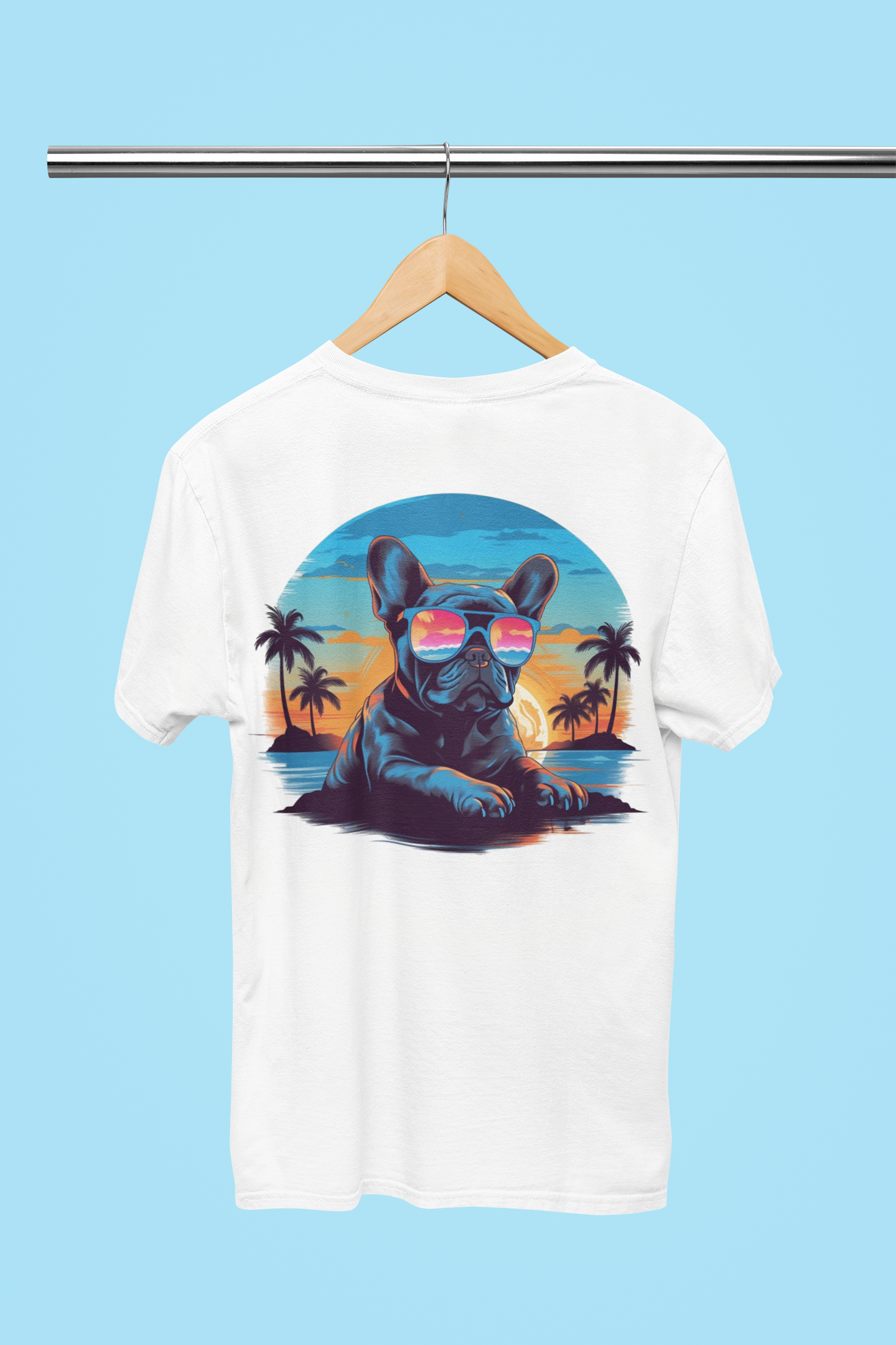 Tropical Vibes Frenchie: Sunglasses and Palm Trees T-Shirt - back print