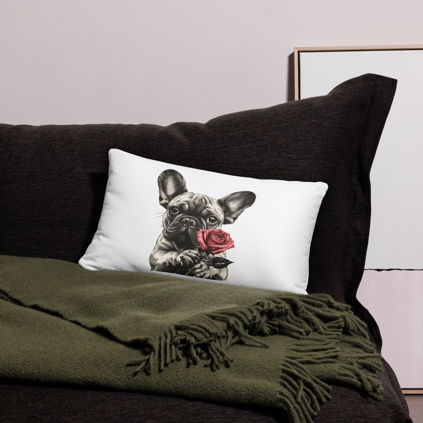 French Bulldog Red Rose Pillow