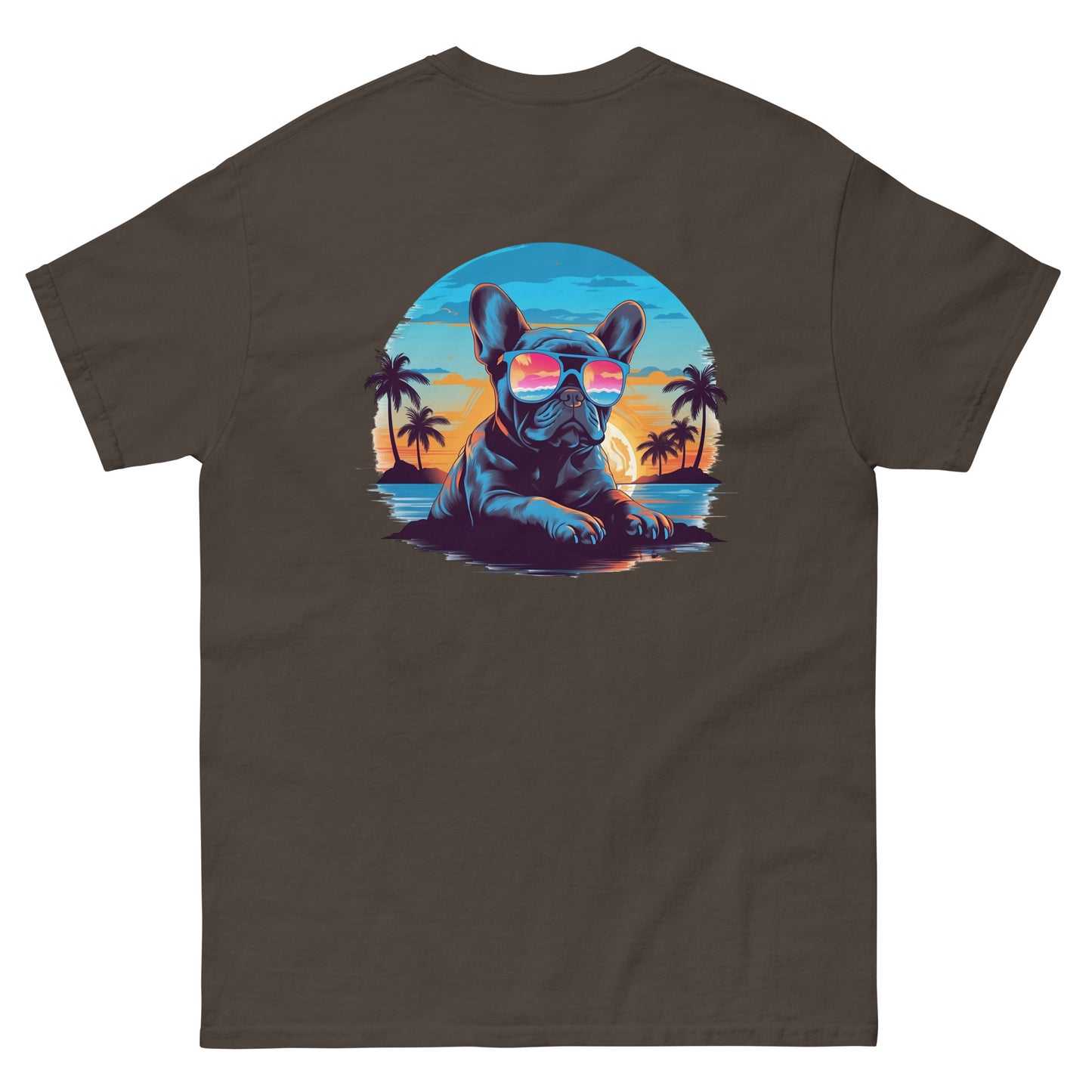 Tropical Vibes Frenchie: Sunglasses and Palm Trees T-Shirt - back print