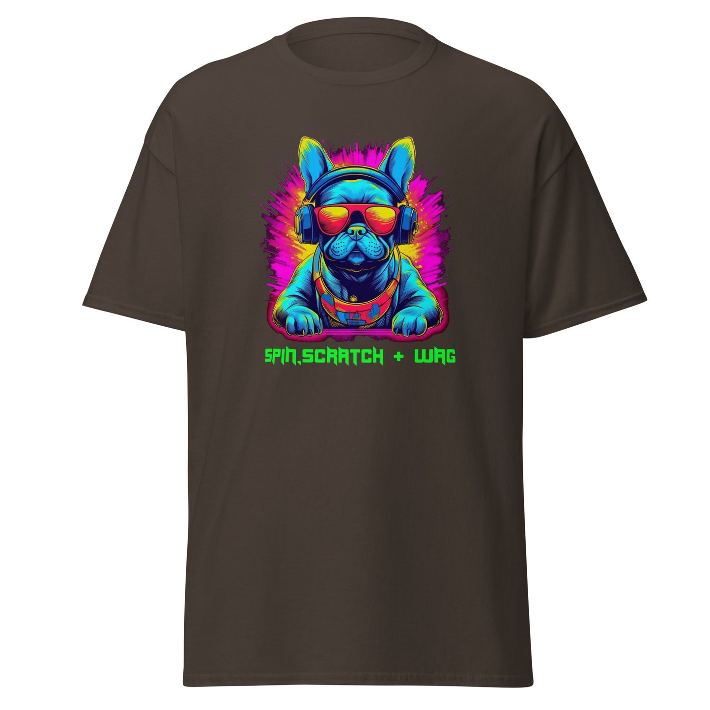 Unleashed Beats: Unisex Neon Frenchie DJ T-shirt - Spin, Scratch & Wag" - Frenchie Emporium