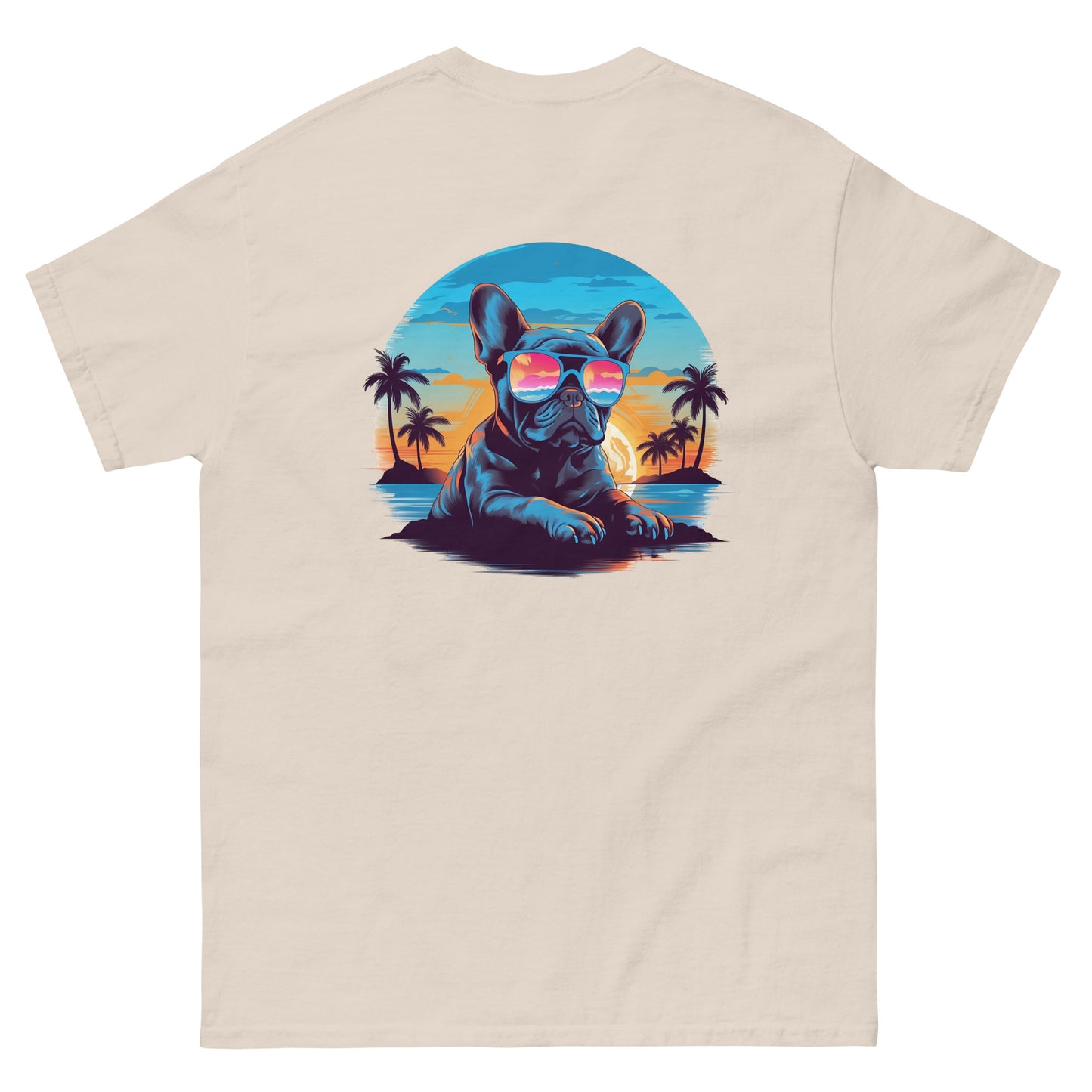 Tropical Vibes Frenchie: Sunglasses and Palm Trees T-Shirt - back print