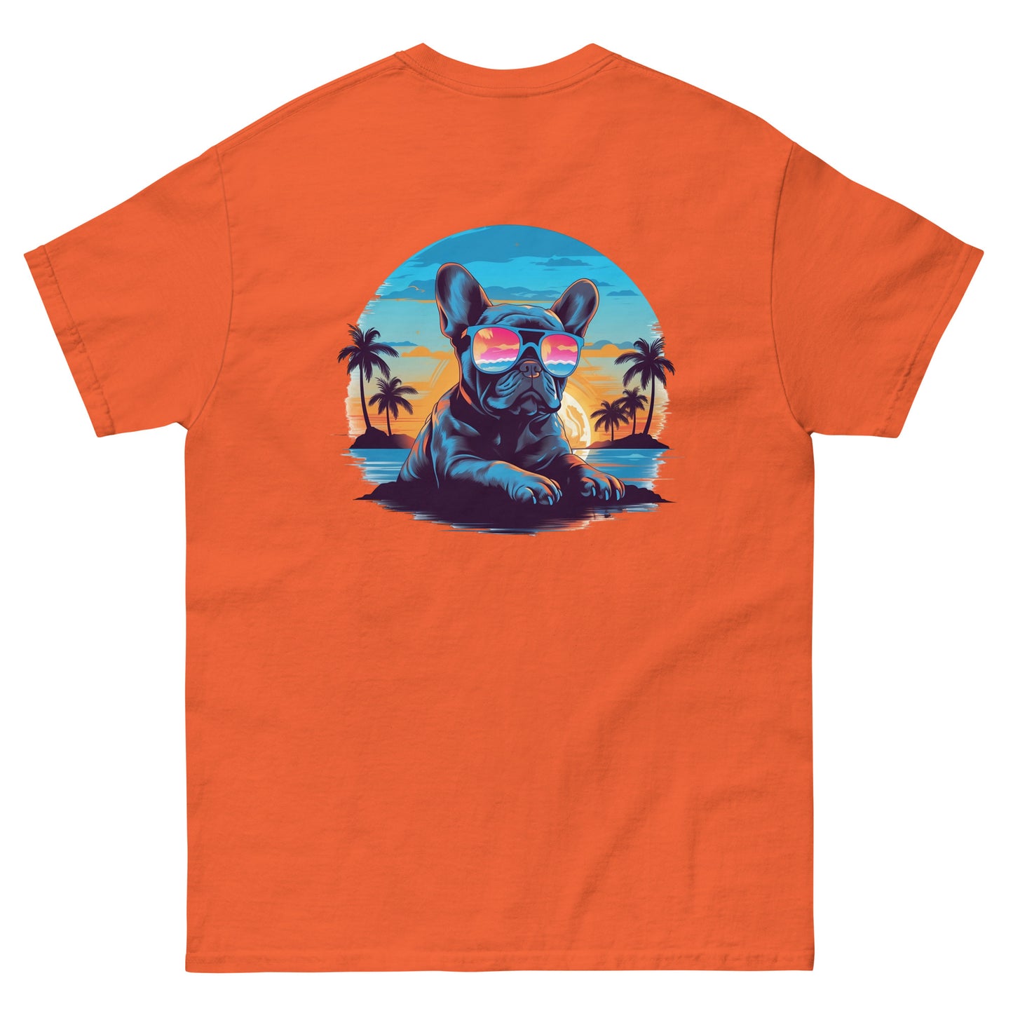 Tropical Vibes Frenchie: Sunglasses and Palm Trees T-Shirt - back print