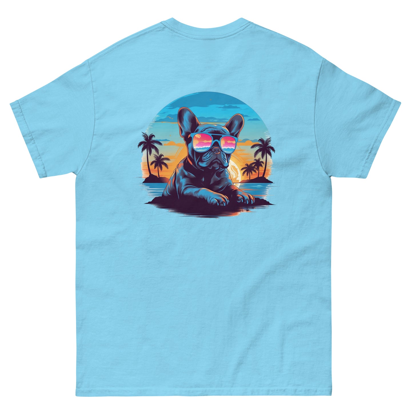 Tropical Vibes Frenchie: Sunglasses and Palm Trees T-Shirt - back print