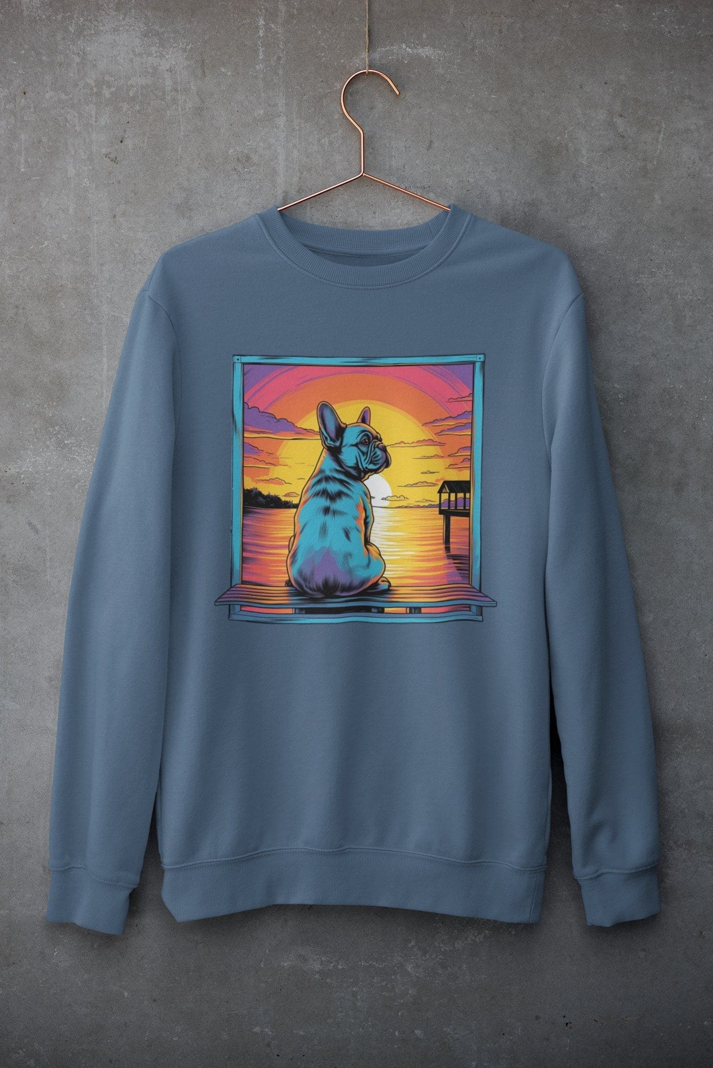 Frenchie Sitting on a dock of a bay - Unisex Sweater - Frenchie Emporium