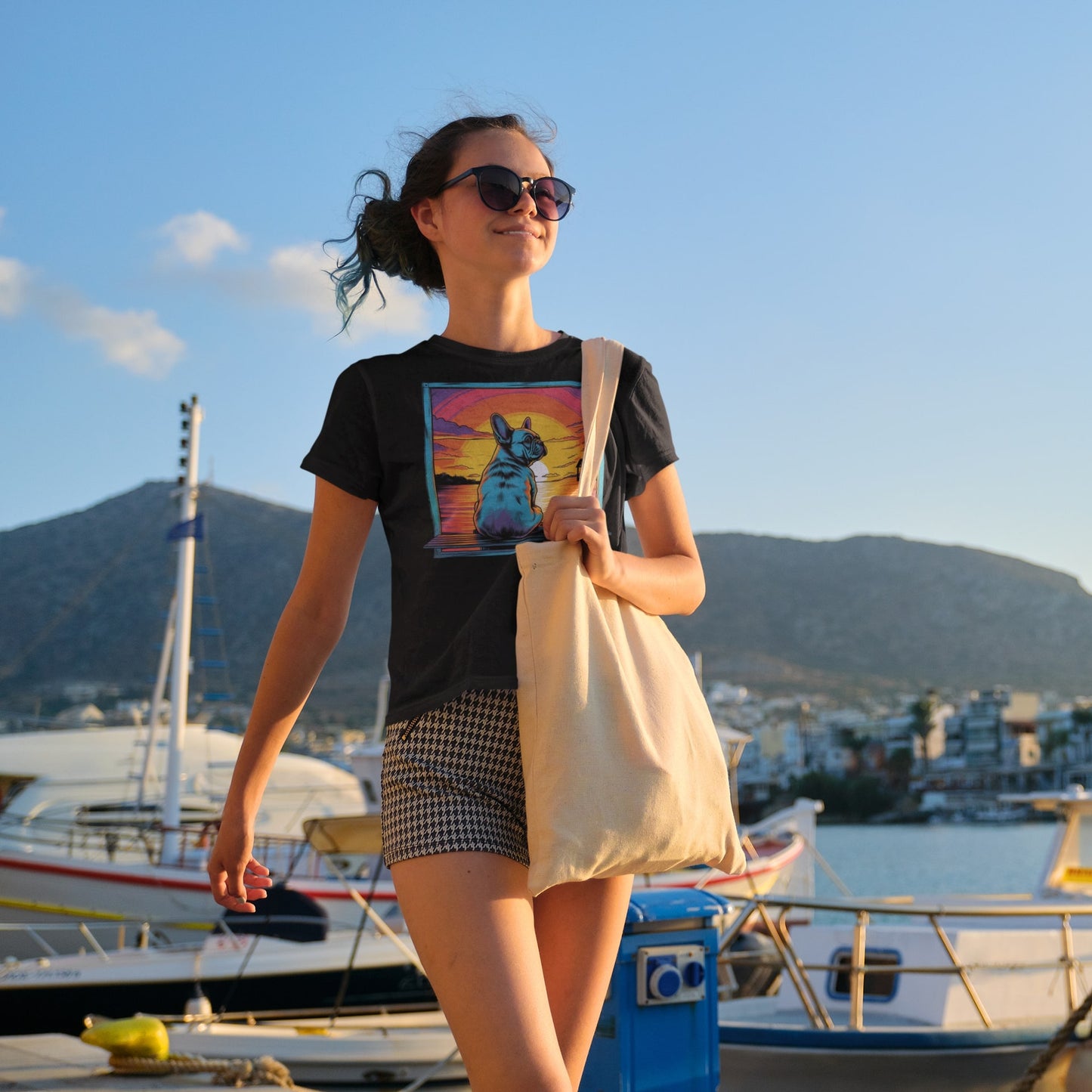 Frenchie Sitting on a dock of a bay  - unisex organic cotton t-shirt