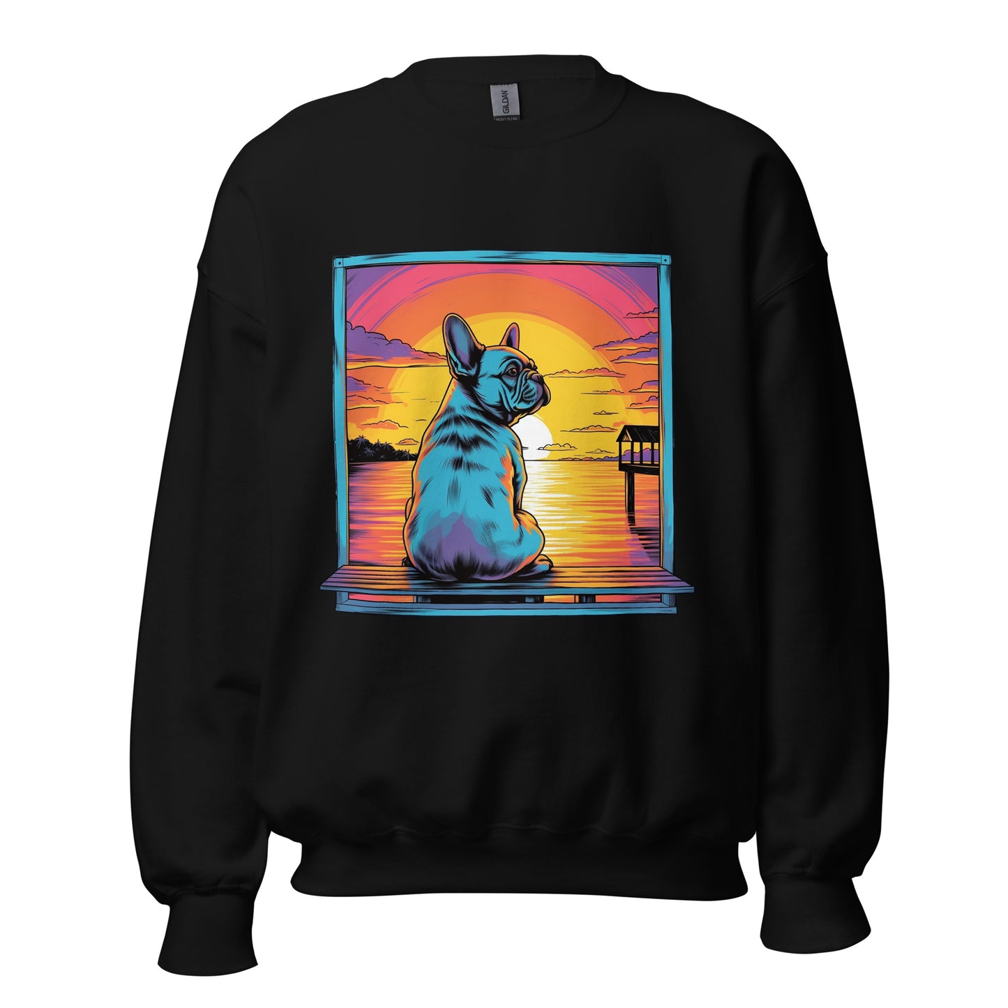 Frenchie Sitting on a dock of a bay - Unisex Sweater - Frenchie Emporium