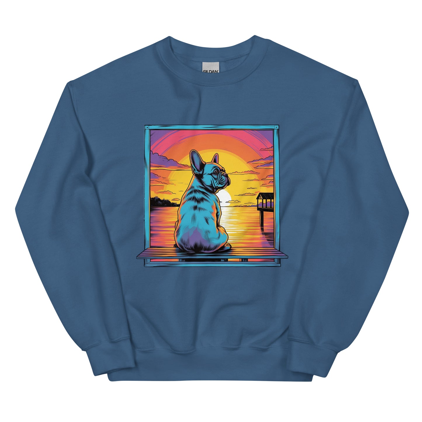 Frenchie Sitting on a dock of a bay - Unisex Sweater - Frenchie Emporium