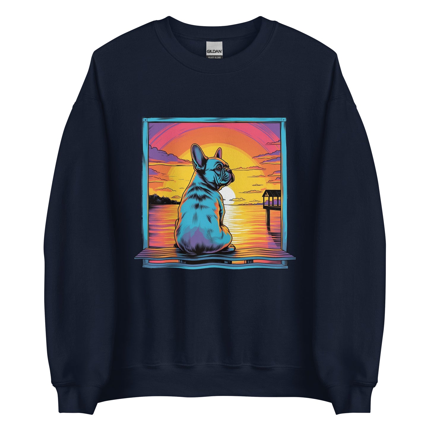 Frenchie Sitting on a dock of a bay - Unisex Sweater - Frenchie Emporium