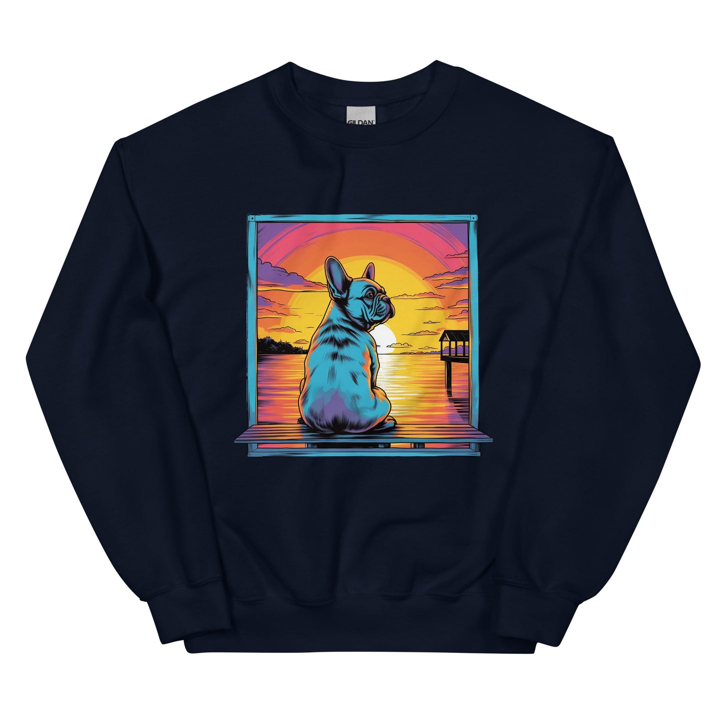 Frenchie Sitting on a dock of a bay - Unisex Sweater - Frenchie Emporium