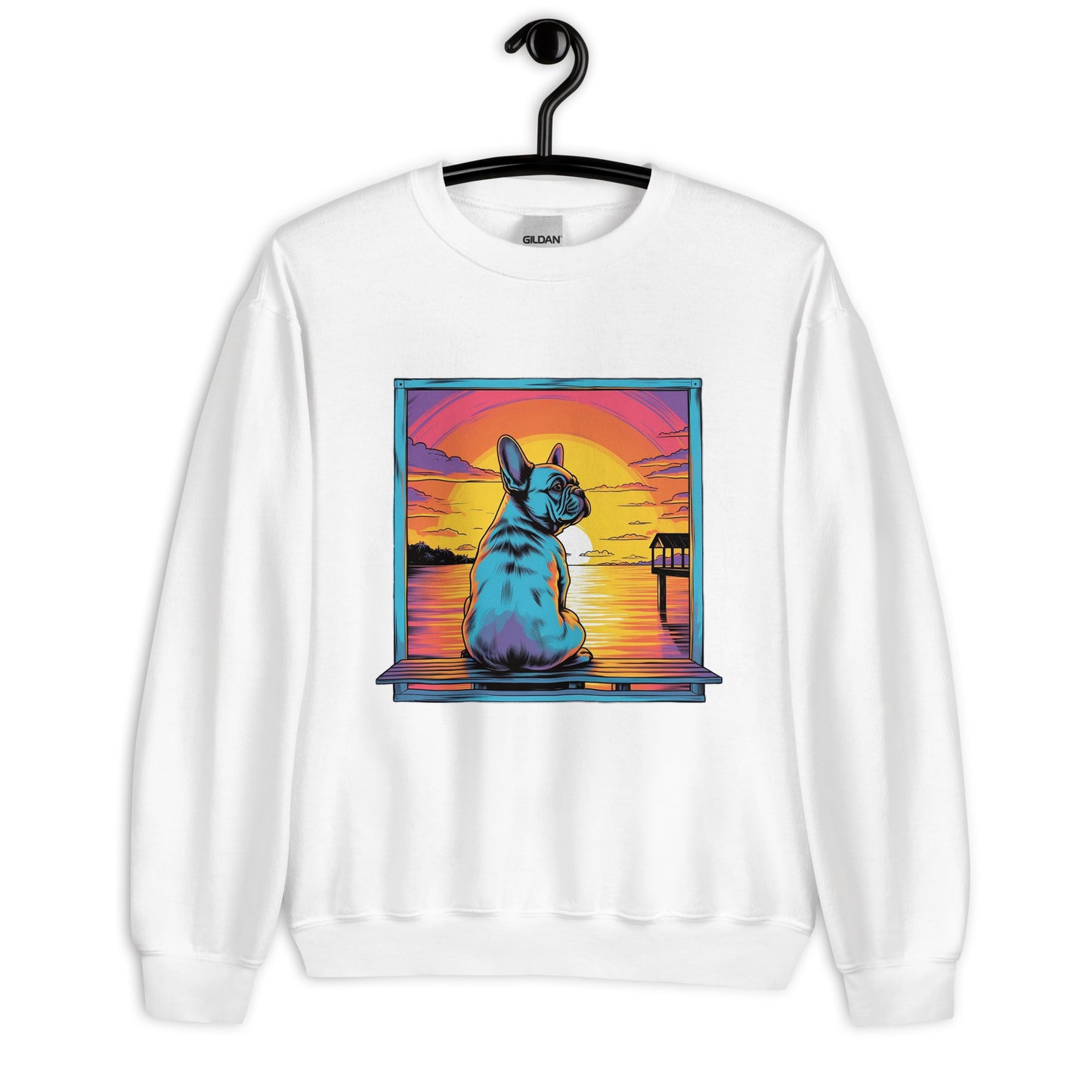 Frenchie Sitting on a dock of a bay - Unisex Sweater - Frenchie Emporium