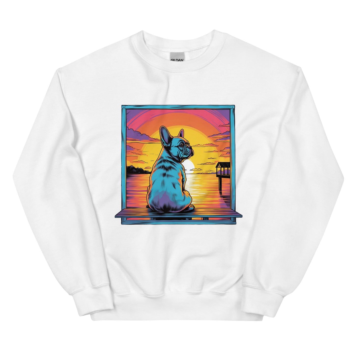 Frenchie Sitting on a dock of a bay - Unisex Sweater - Frenchie Emporium