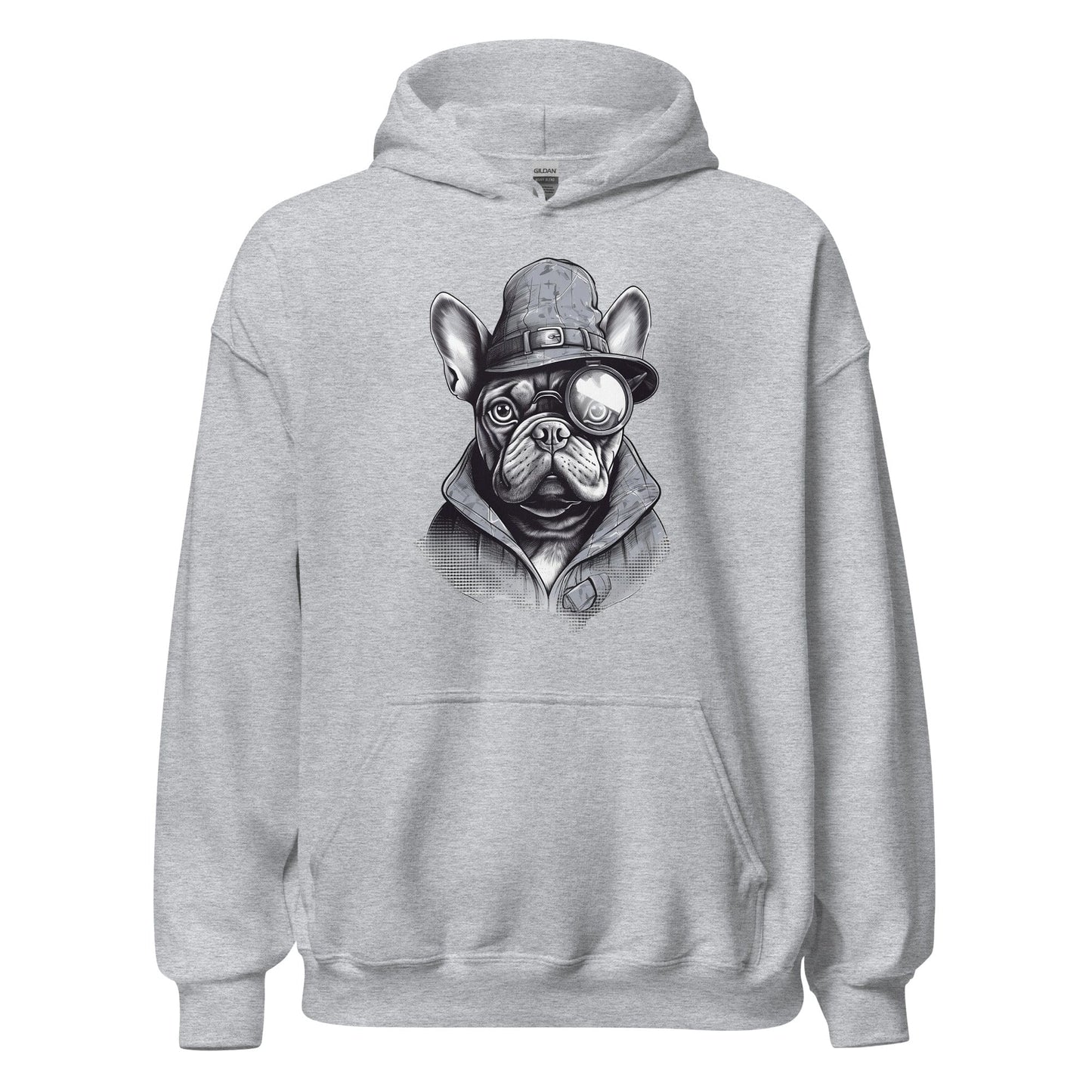 Frenchie Monocle: Stylish Canine Fashion with a Touch of Sophistication - Unisex Hoodie