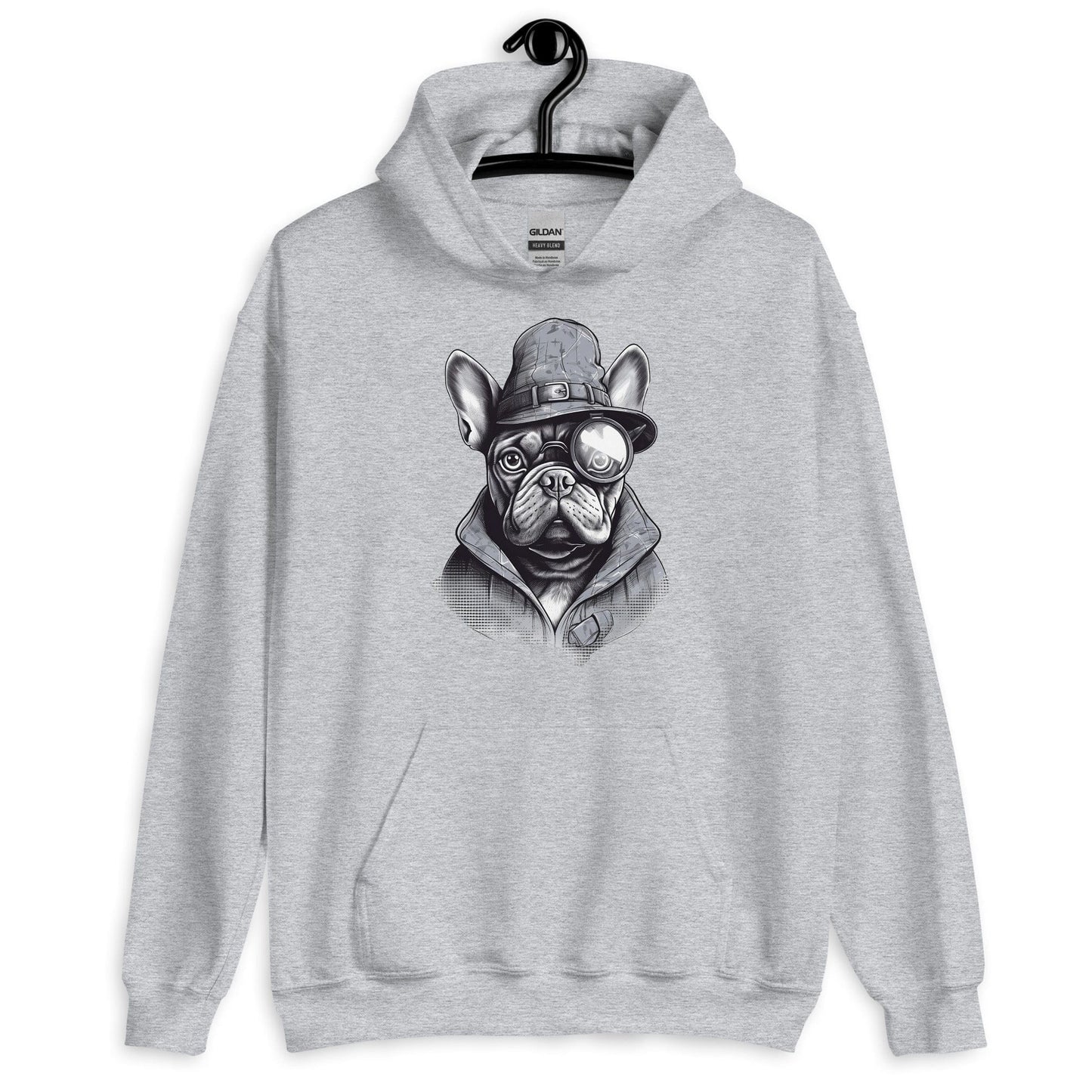 Frenchie Monocle: Stylish Canine Fashion with a Touch of Sophistication - Unisex Hoodie - Frenchie Emporium